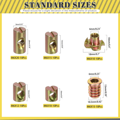 Various Heavy Duty Assorted M6 Barrel Nuts With Zinc Plated Tee Nuts For Wood Furniture Assembly sizes displayed.