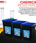 No Bull 8 Mil Nitrile Work Gloves In Blue Featuring Fully Textured Diamond Grip Surface Powder Free Design Engineered For Heavy Duty Industrial Auto And Shop Jobs Hella Durable Tight Grip Control 500 Count Large in a black container next to chemical lab equipment.