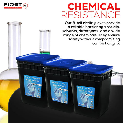 No Bull 8 Mil Nitrile Work Gloves In Blue Featuring Fully Textured Diamond Grip Surface Powder Free Design Engineered For Heavy Duty Industrial Auto And Shop Jobs Hella Durable Tight Grip Control 500 Count Large in a black container next to chemical lab equipment.