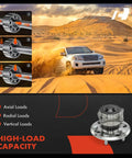 Beefed-Up Rear Wheel Bearing And Hub Assembly Pair For Toyota RAV4 1996 2003 5-Lug Non ABS FWD Only Direct Fit OEM Quality Heavy Duty Replacement For Smooth Ride And Easy Install displayed with high-load capacity diagram and SUV in desert.