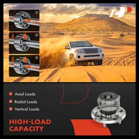 Beefed-Up Rear Wheel Bearing And Hub Assembly Pair For Toyota RAV4 1996 2003 5-Lug Non ABS FWD Only Direct Fit OEM Quality Heavy Duty Replacement For Smooth Ride And Easy Install displayed with high-load capacity diagram and SUV in desert.