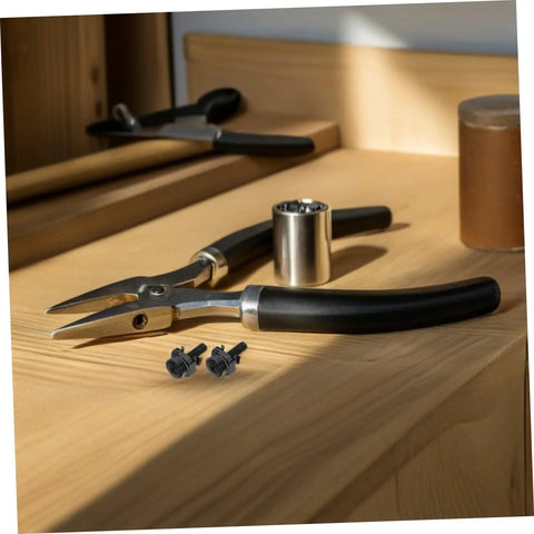 50 Piece M5X25 Metal Server Rack Screw And Cage Nut Kit with pliers on a wooden surface, showing screws and nuts for easy equipment mounting.
