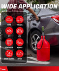High Volume Portable Gas Can Pump 2nd Gen refueling car with 60 inch hose attached to red container, wide application icons visible