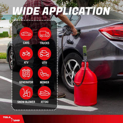 High Volume Portable Gas Can Pump 2nd Gen refueling car with 60 inch hose attached to red container, wide application icons visible