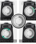 Rugged Outdoor Timer Outlet With Two Grounded Outlets 24 Hour Mechanical Dial Waterproof ETL Listed shown with setup steps