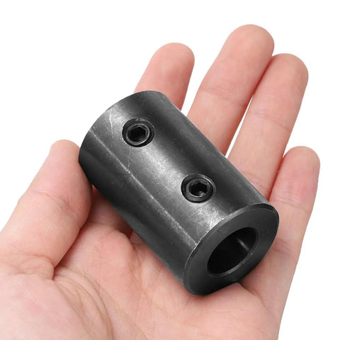Rigid Shaft Coupling Five Eighths Inch Bore And One And A Quarter Inch Outer Diameter Two Inch Length Black Oxide Plated Steel Motor Wheel Coupler With Two Set Screws For Rock Solid Torque Transmission In Small Machines, hand-held view