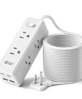 Top Shelf 15 Ft Extension Cord With Super Slim Flat Plug And Ten Spacious Outlets Including Six AC Jacks Two Quick Charge USB C Ports And Two Standard USB A Pads For No Nonsense Multi Gadget Charging At Home Or On The Road, white power strip with 15ft cord.