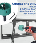 In Wall TV Cable Management Kit For Wall Mounts White Finish with hole saw drill being used on a wall mount bracket.