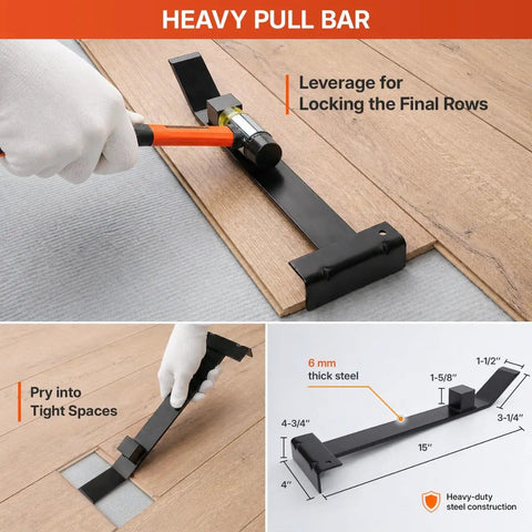 All-In-One 45-Piece Laminate Flooring Tools Kit heavy pull bar with measurements and usage instructions