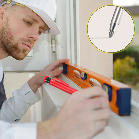 Man using Three Pack Long-Nosed Carpenter Mechanical Pencils With Built-In Sharpener, 36 Refills, Deep Hole Markers For Woodworking And Architecture