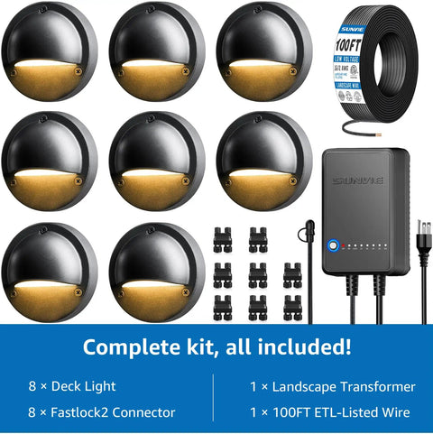 All-In-One Low Voltage Deck Lighting Kit With 60W Transformer, 100 Ft Wire, 8X 5W LED Deck Lights, 3000K Warm White, 12 To 24V AC DC