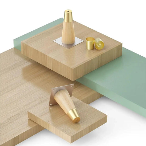 4 Pack Solid Wood Furniture Legs With Copper Protective Caps displayed on wooden boards, showcasing sleek rustic modern upgrade
