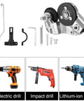 Electric Drill Metal Cutter Attachment Drill Nibbler Kit Handy With 11 Fittings shown with compatible electric, impact, and lithium-ion drills.