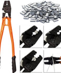 Heavy Duty 14 Inch Hand Swaging Crimping Tool With No Slip Handles For Easy Leverage Crimps On Stainless Steel Copper And Aluminum Sleeve Ferrules In 1 Sixteenth 5 Sixty Fourth 3 Thirty Second 7 Sixty Fourth And 1 Eighth Inch Cable Ends with close-up of crimping jaws and ferrules