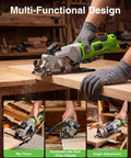 TaskStar 4-1/2 Inch Mini Circular Saw Laser Guide 4.8A Motor 4000 RPM cutting wood with rip fence and dust hose adapter.