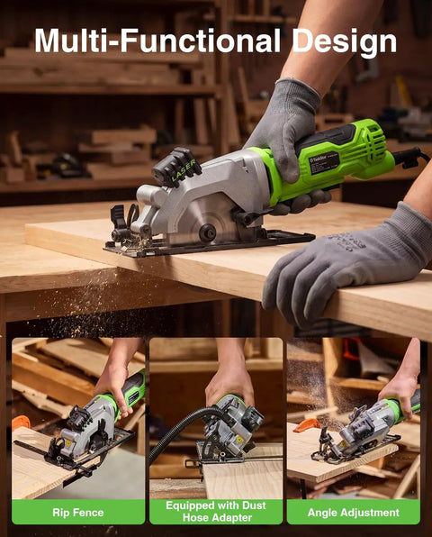 TaskStar 4-1/2 Inch Mini Circular Saw Laser Guide 4.8A Motor 4000 RPM cutting wood with rip fence and dust hose adapter.