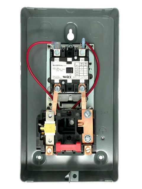 Heavy Duty Single Phase Air Compressor Magnetic Starter 7.5HP 208-240V Overload Protected Motor Control Starter Replacement For 2475N7.5 Fits Industrial Air Compressors. Wall-mounted starter with wiring and terminals.