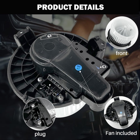Durable Drop In Ready AC Heater Blower Motor Fan Assembly For Toyota Corolla And Prius detailing motor and plug features.