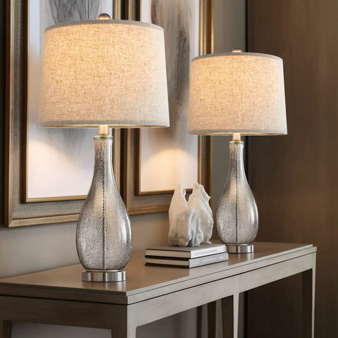 24.5 Inch Glass Table Lamps Set Of 2 With USB Charging Ports on wooden console, modern silver finish, fabric shade