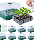 7 Pack Seed Starter Tray Kit with 84 Separate Cells Humidity Dome and Base, plants sprouting in clear indoor greenhouse.