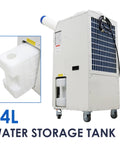 Built Tough Portable Air Conditioner With Bulky 14L Tank And Easy Roll Caster Wheels For Heavy Duty Spot Cooling In Warehouses Workshops And Clinics 110V 1800W Mobile Cooler Rig showing 14L water storage tank.