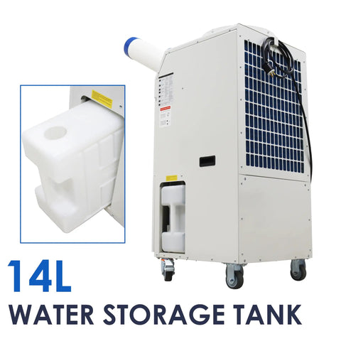 Built Tough Portable Air Conditioner With Bulky 14L Tank And Easy Roll Caster Wheels For Heavy Duty Spot Cooling In Warehouses Workshops And Clinics 110V 1800W Mobile Cooler Rig showing 14L water storage tank.