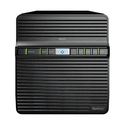Front view of a reliable 4 Bay NAS, black chassis, led indicators, designed for secure file storage and management.