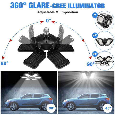 Super Bright 180W Garage Light Bulbs 18000 Lumens Of Daylight 6500K 6 Plus 1 Deformable Panel Design 360 Degree Illumination