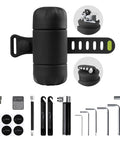 Must Have Portable Bike Tool Kit 14-In-1 Bicycle Repair Capsule with silicone bag, tools, tire pump, and wrench displayed