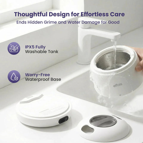 Washing Ultrasonic Retainer Cleaner With UV Light And 45KHz Cleaning Pod, IPX5 waterproof base and detachable tank, on sink counter.
