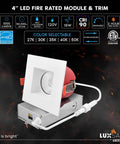 Top Shelf 12 Pack 4 Inch Square Led Recessed Can Lights With Nifty J Box Included showing 4" fire rated module and trim with color options.