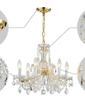 Modern Crystal Chandelier Light Fixture With Six Lights, Raindrop Pendant Crystals In Maria Theresa Brass Finish, detailed view