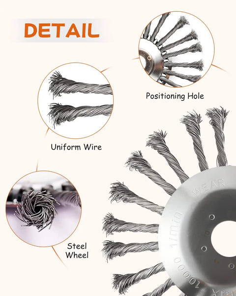 8 Inch Steel Wire Rotary Brush Cutter Head Universal Replacement For String Trimmers And Lawnmowers, detail view of wire and steel