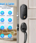 Smart Front Door Lock Set With Fingerprint Keyless Entry shown on wooden door with app control and IC card access