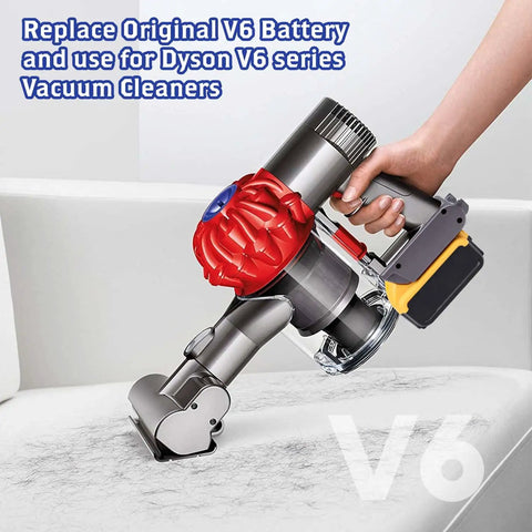 Person using DW20V6 Vacuum Adapter For Dyson V6 Series And DeWalt 20V Battery with cordless vacuum on white couch.