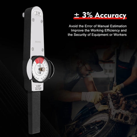 Dial Indicator Torque Wrench With One Half Inch Drive 0-100 Nm Range High Precision Torque Meter 3 Percent Accuracy Pro Grade Tool For Auto Enthusiasts Mechanics And DIY Garage Projects with emphasis on ±3% accuracy