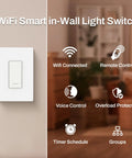 Smart In Wall Light Switch With Timer Function And Hands Free Voice Control Single Pole 2.4GHz Wi Fi No Hub Required Neutral Wire Required Works With Alexa And Google Assistant White 4 Pack, close-up with features listed.