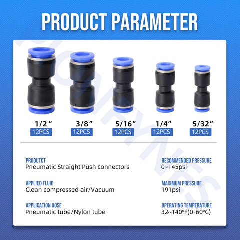 Front view: PIONFYNES 60-piece pneumatic push-to-connect fittings kit; blue/black plastic, sizes 1/2-5/32 in, 12 pcs.