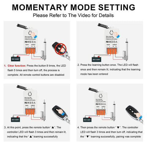 Slick Forward And Reverse Remote Switch With Dual Wireless Controllers For Heavy Duty Linear Actuators, Garage Doors, Curtains, And Bed Lifting Systems Operating On DC 5V To 30V With A Punchy 30A Load Rating setup instructions in four steps for momentary mode.