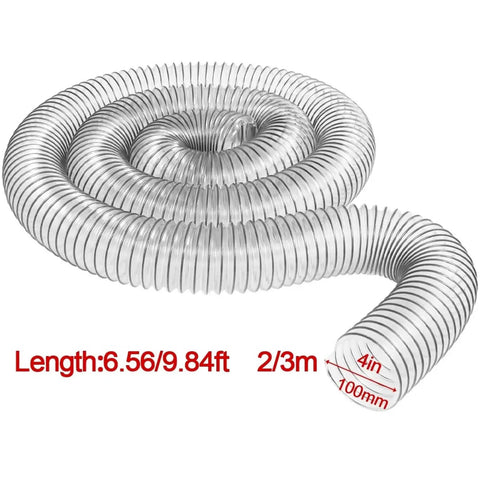 Clear 100mm PVC Bellows Hose For Dust Extraction In The Shop Flexible Corrugated Design Lets You Bend At Any Angle Without Collapsing Or Blocking Airflow See Through Material Reveals Dust Build Up And Keeps Your System Flowing. coiled 2 m hose