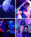 Collage of UV reactive scenes using 200W LED Black Light Flood Lights 395nm Outdoor IP66 Waterproof UV Glow Lights For Parties