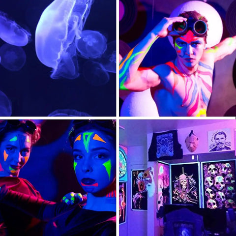 Waygor 600W Black Lights Outdoor - Commercial Black Light Flood Lights illuminating a glow party scene with painted models.