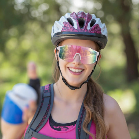 Woman wearing Unisex Sports Sunglasses For Men Women And Teens With UV400 Protection Wraparound Wide View One Piece Frame