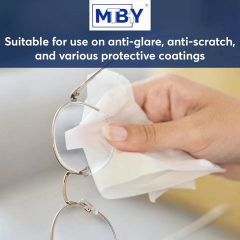 Front view of hand wiping round metal eyeglasses with MTBHY pre-moistened lens cleaning wipes