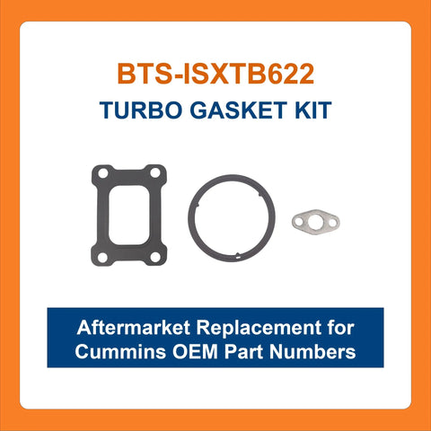 BTS-ISXTB622 turbo gasket kit, three-piece set with rectangular gasket, circular ring, and small two-hole gasket