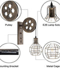 Industrial Pulley Wall Sconce With Matte Iron Cage And Wood Wheel Bronze Color Vintage Mid Century Revival Indoor Lighting