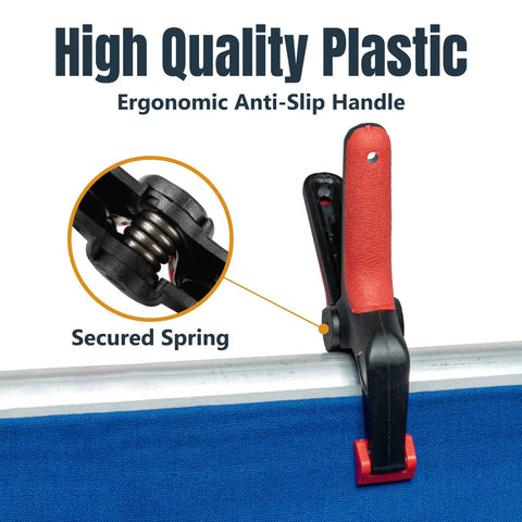 Close-up of 10 Pack Mini Spring Clamps With 1 Inch Opening And Pivoting Jaw Pad EZ Grip Plastic Clips in use on fabric