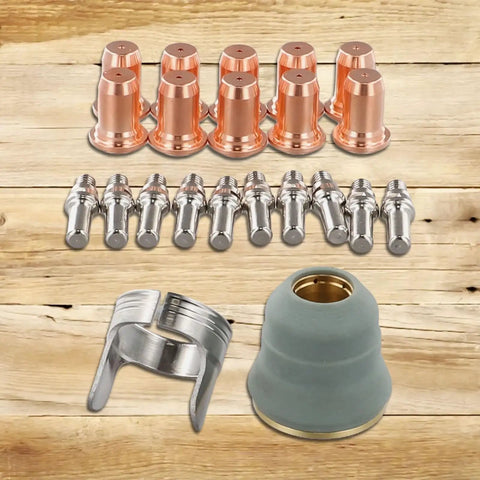 Ultimate 22 Piece Plasma Cutting Consumables Kit For IPT-60 PT-60 And IPT-40 Torch Heads with electrodes and nozzles on wood surface