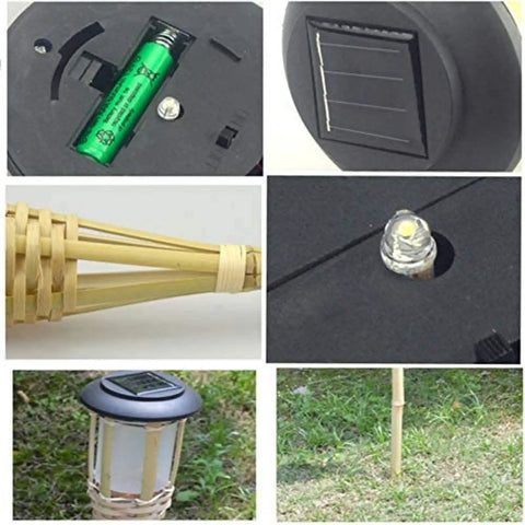 Components of Solar Powered Bamboo Tiki Torch Lights 4 Pack For Outdoors Garden Yard And Fence Line Warm White Glow