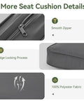 Replacement Outdoor Cushions For Patio Furniture 14 Piece Deep Seat Cushions For 6 Seat Patio Conversation Sets. Grey cushion details showing smooth zipper, edge locking process, and 100% polyester fabric.